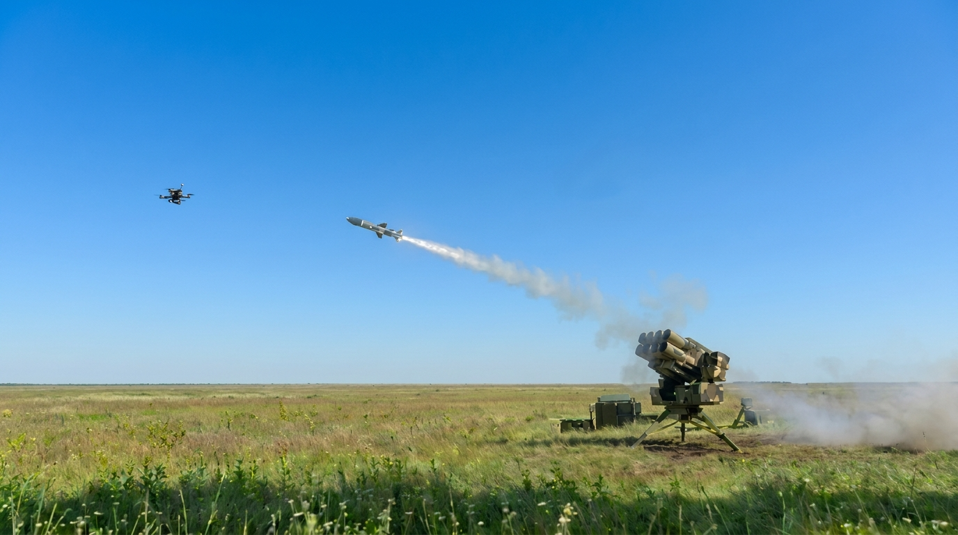 Asterion micro-missile launched from a turret intercepting a drone over an open field.