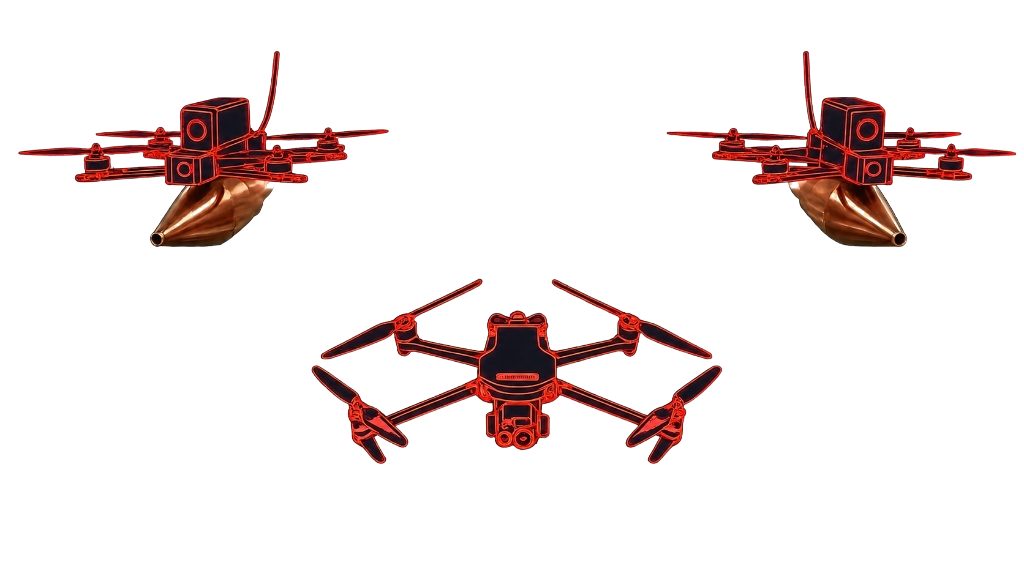 A trio of drones glitching through a jamming sequence.