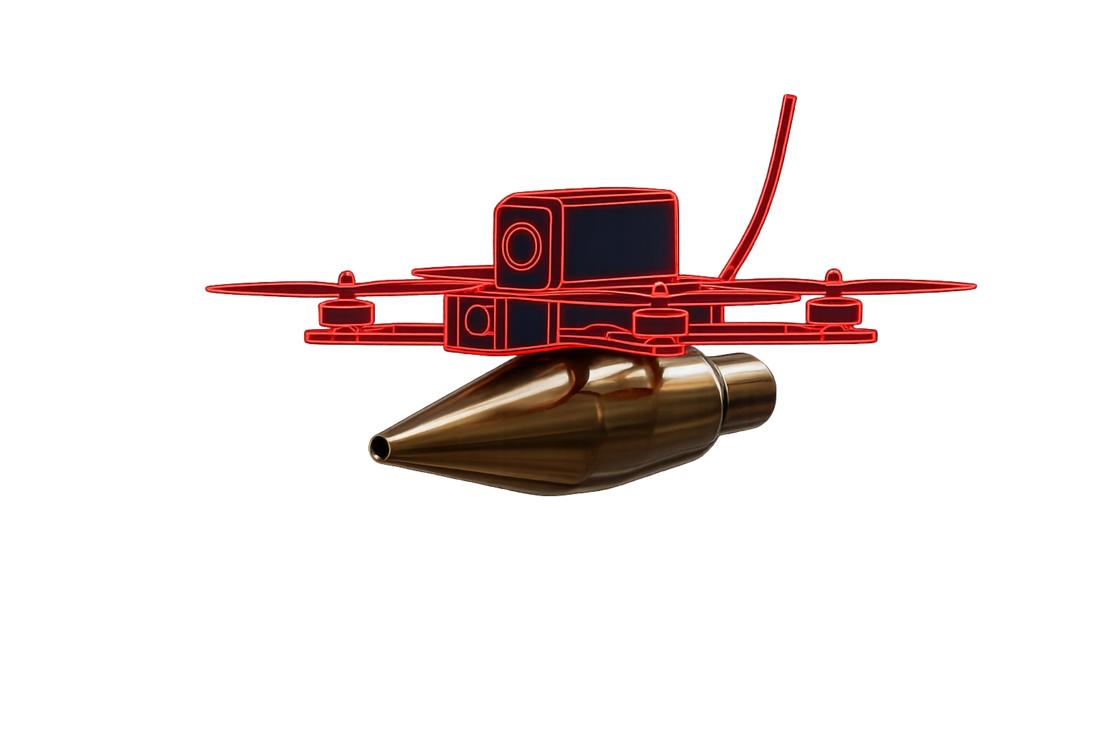 An FPV drone with a metallic warhead, drawn in technical-line style.