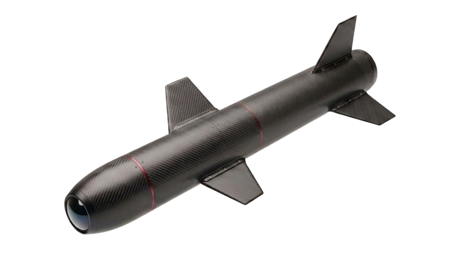 ASPIDION micro-missile — carbon-fibre body with red banding, fixed fins and optical seeker.