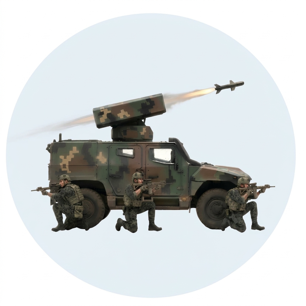 Asterion-equipped tactical vehicle launching a micro-missile, with three infantry operators in cover positions around it.