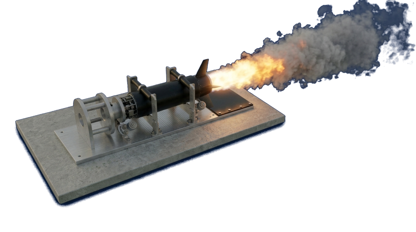 Rocket engine test stand firing on a steel frame against a deep blue background.